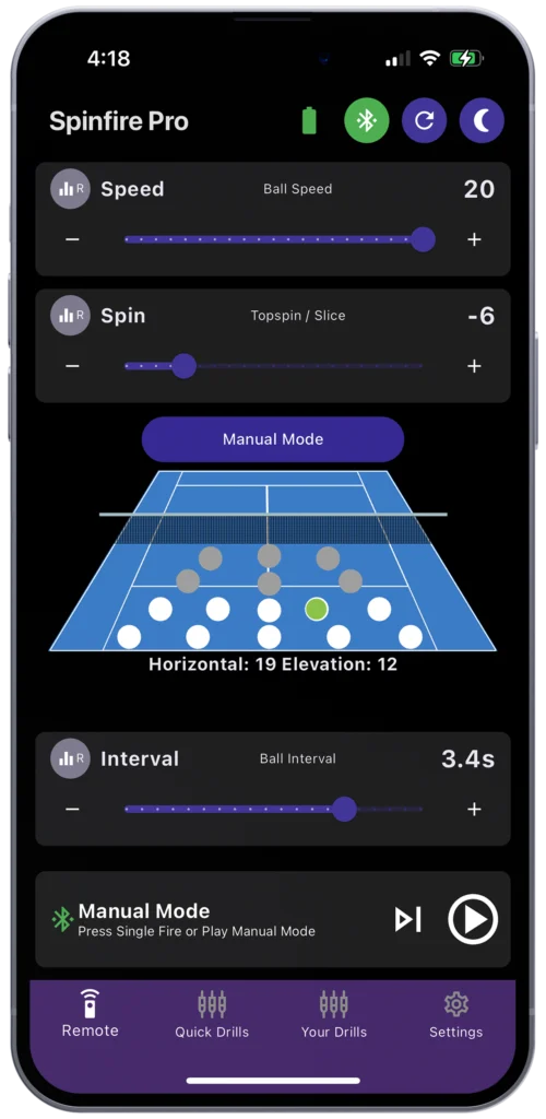 Screenshot of the Spinfire App showing the court map drill creator interface